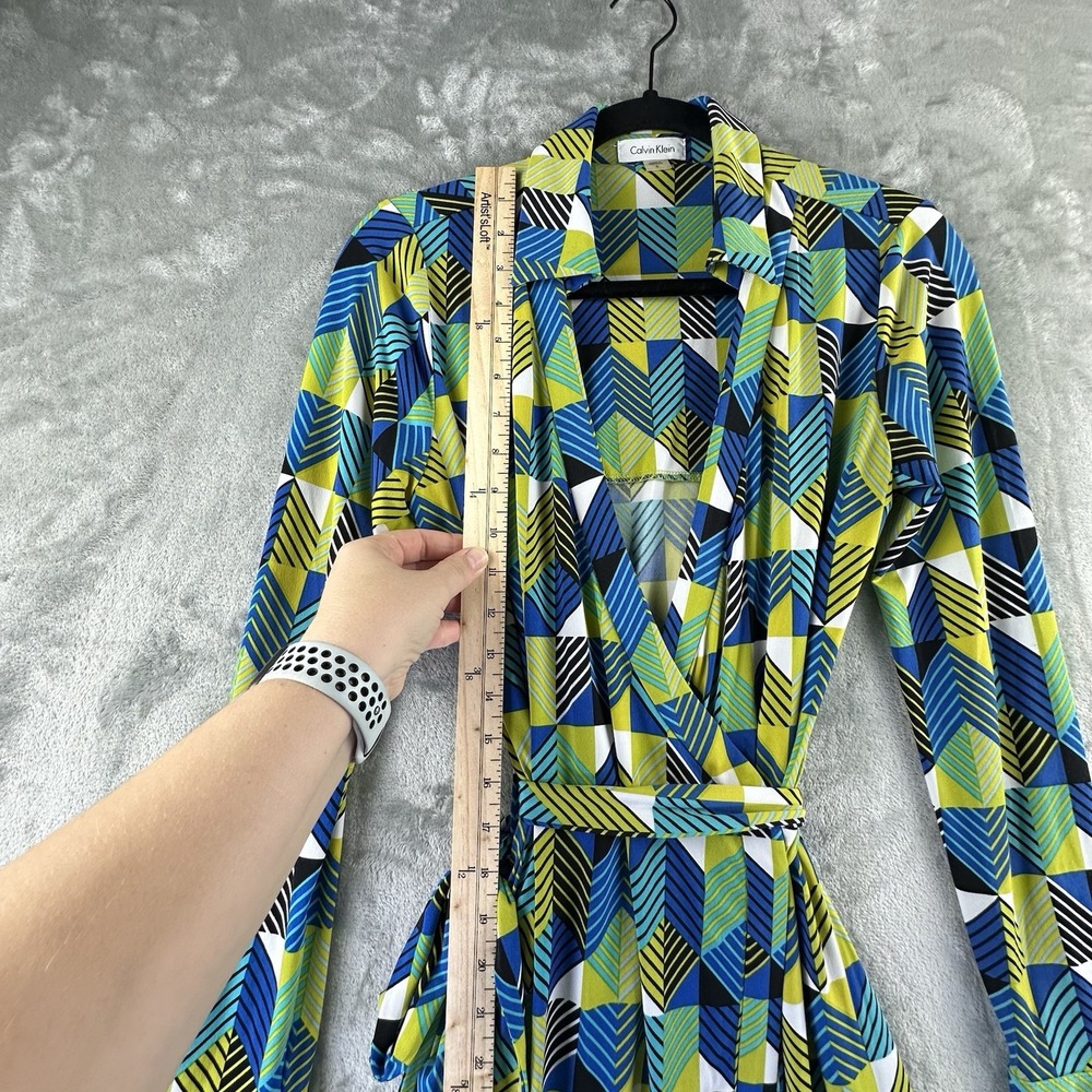 Calvin Klein Wrap Dress Women's 8 Blue Green Bright Geometric Print - Picture 3 of 7